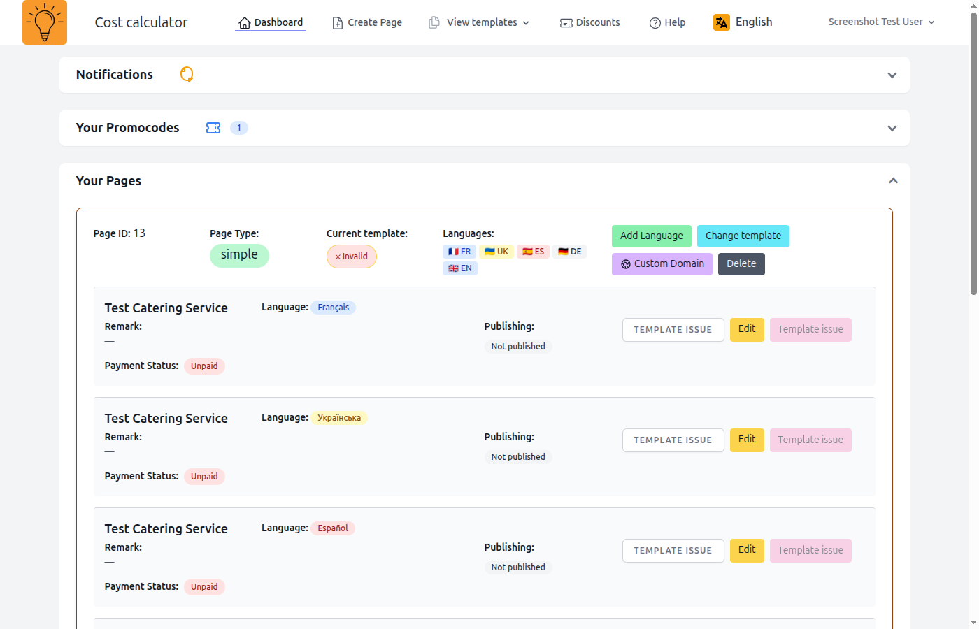 Dashboard with "Create New Page" button highlighted
