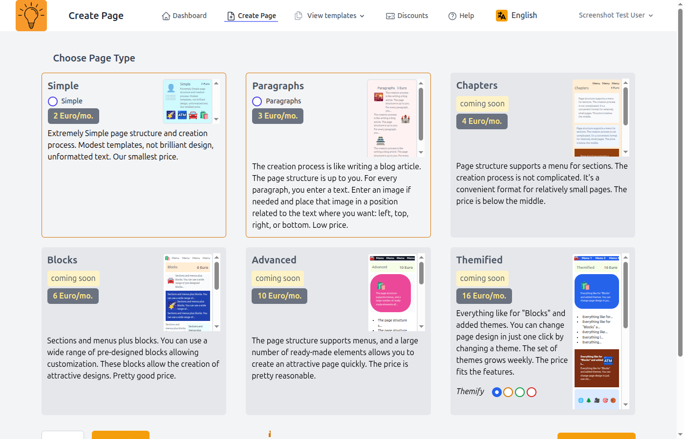 Page creation form showing page type selection
