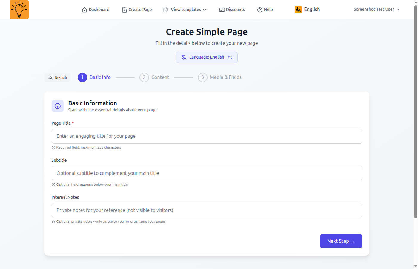 Page form showing basic fields (title, slug)