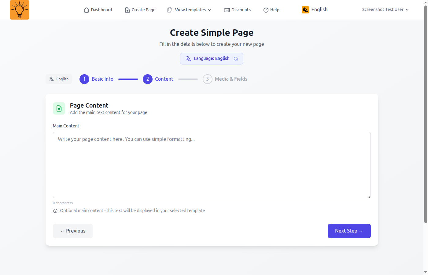 Page form showing content and custom fields