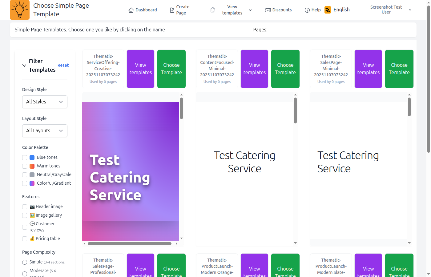Template gallery showing filters and template previews