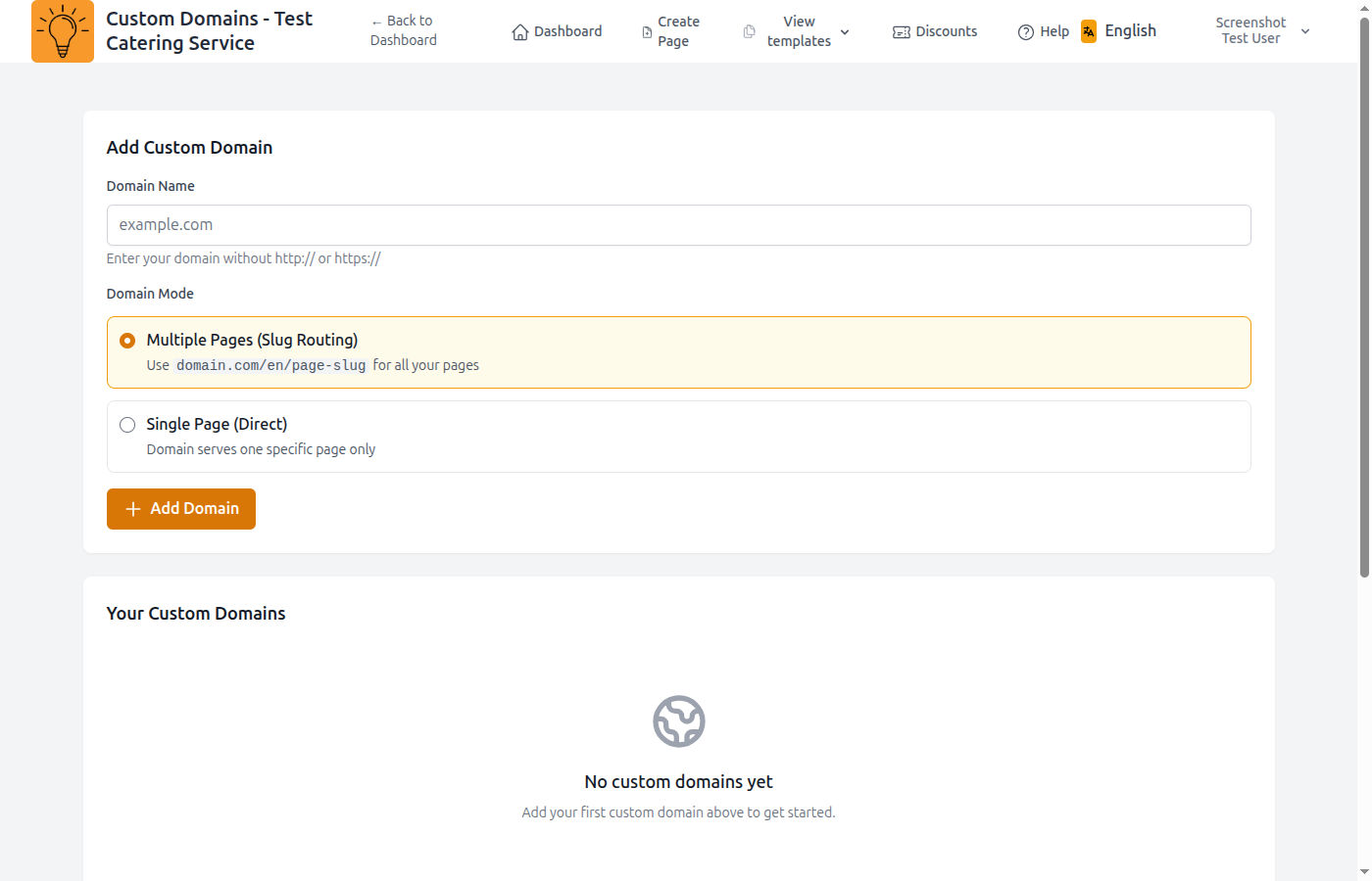 Page settings showing custom domain input field
